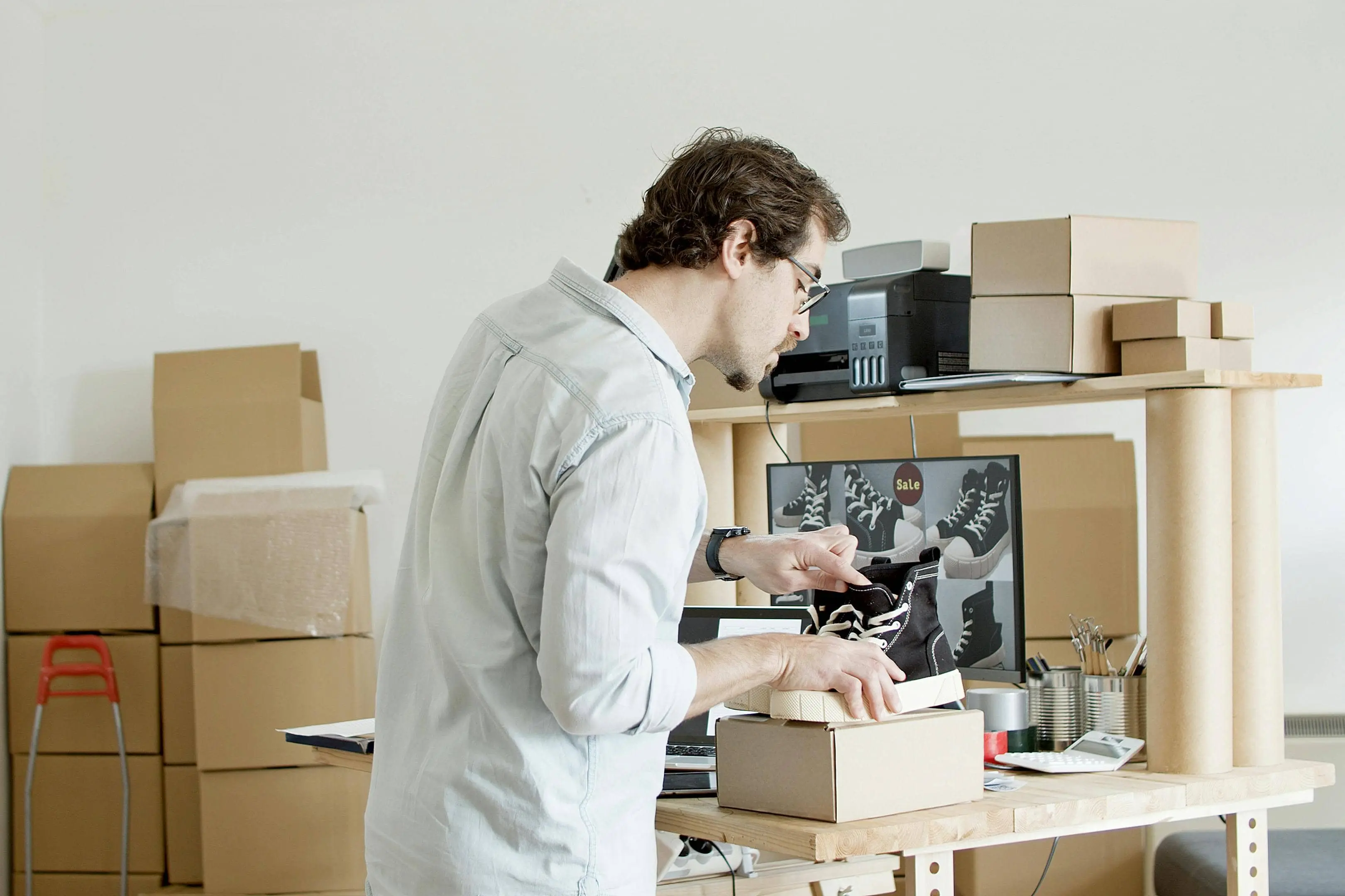 hombre con cajas de zapatillas